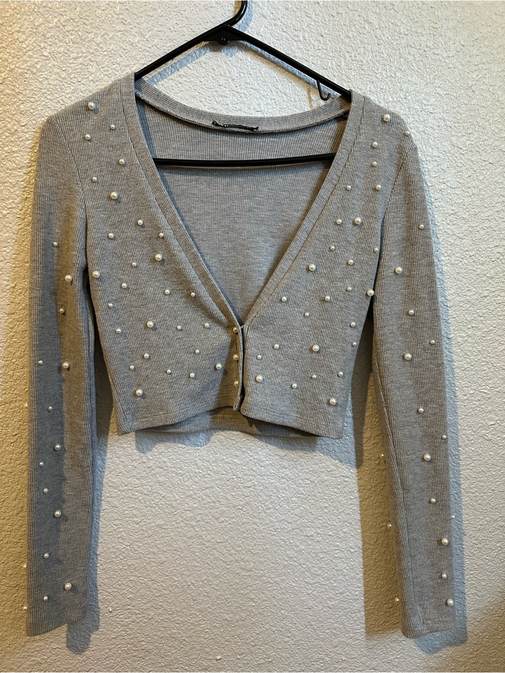 Zara-Pearl-Embellished Gray Cropped Cardigan - Women